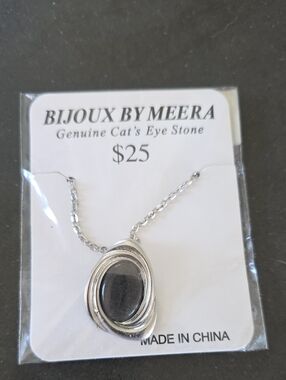 Bijoux by Meera Silver-Tone Black Cat's Eye Pendant Necklace
